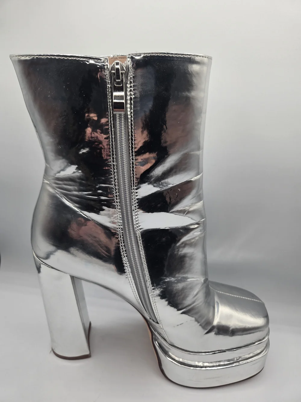Azalea Wang Silver Mirror Platform Ankle Boots Disco GoGo Block Heel Size 8
